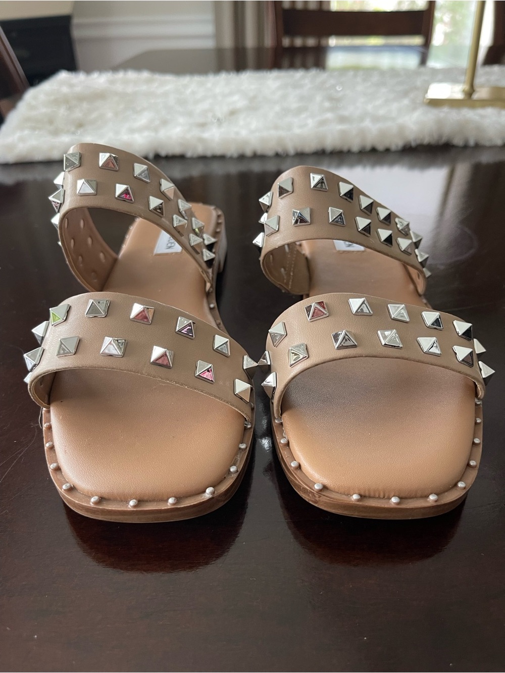 Steve Madden Tan Studded Double-Strap Slide Sandals